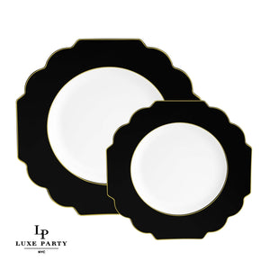 Scalloped Black • Gold Plastic Plates | 10 Pack