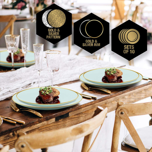 Round Mint • (Dinner) Gold Plastic Plates | 10 Pack